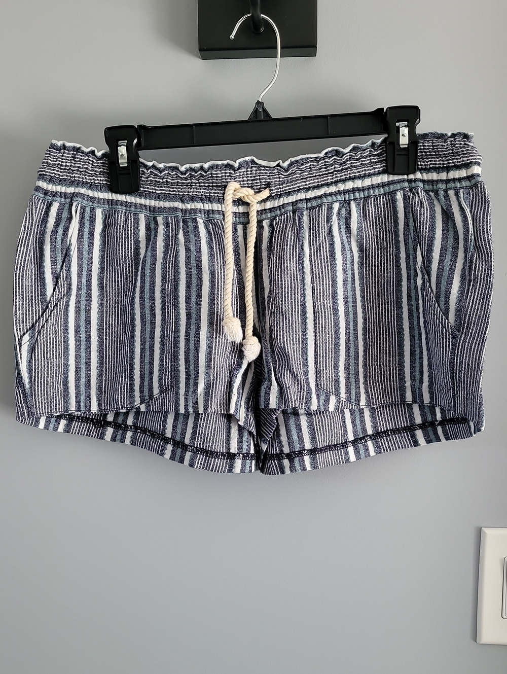 Roxy Navy and White Striped Drawstring Athletic Shorts